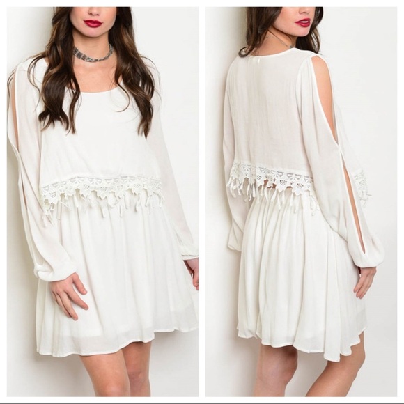 Dresses & Skirts - 3/$36 White long split-sleeve dress crochet detail